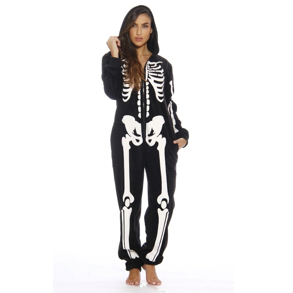 Just Love Skeleton Fleece Pajama One Piece Hooded Jumpsuit Black XXL Halloween